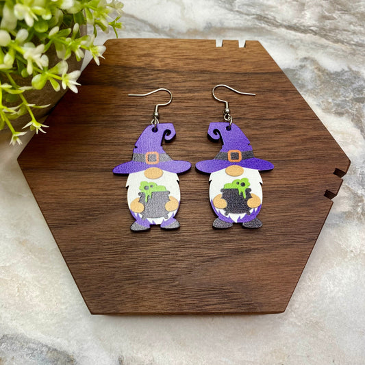 Wooden Dangle Earrings - Halloween - Gnome Cauldron